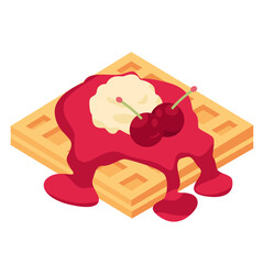 Belgian Waffle with Cherry Syrup and Whipped Cream Vector