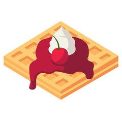 Waffle with Cherry Sauce and Cream Topping Illustration
