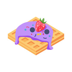Cute Waffle with Purple Cream and Strawberry Illustration