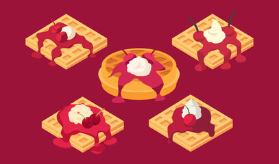 Cherry Waffle Dessert Collection with Cream and Syrup Illustration