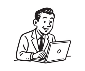 Vintage style businessman working on laptop, bringing retro charm to your modern projects and designs with professional appeal and classic simplicity