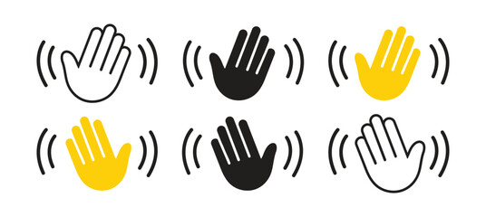 Bonjour text with hand wave icon thin line outline set © Nexira