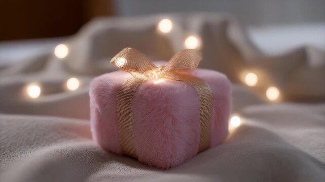A soft pink gift box with plush velvet texture, gold ribbon and bow under cozy light romantic holiday present and surprise vibe with warm bokeh on gentle drape, luxury wrap in pink with delicate ch