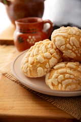 Conchas bread. Mexican sweet bread with seashell shape, Usually eaten with coffee or hot chocolate at breakfast or as an afternoon snack. One of the most popular and preferred sweet breads in Mexico.
