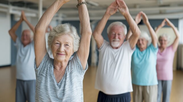 group of seniors doing stretching exercise together at retirement centre elderly men and old women exercising at nursing home during daily fitness retired couples exercising at care facility no logos