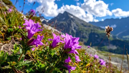 Purple alpine flowers bloom at mountain base