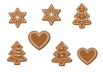 Seven gingerbread cookies of stars trees and hearts decorated with white icing