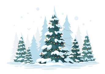 Snowcovered pine trees adorned with colorful lights stand in a winter forest setting