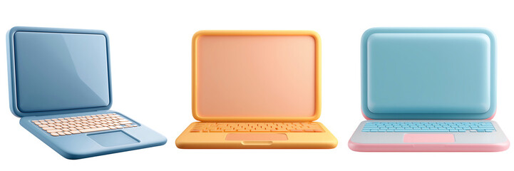 Three Pastel Colored 3d Laptops Displayed on a Clean Transparent Background
