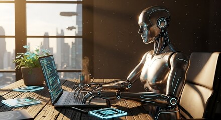 A shiny humanoid AI robot typing on a laptop in a bright futuristic office with sunlight streaming through large windows. The scene includes plants, coffee, and digital devices, symbolizing harmony be