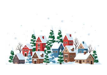 Fototapeta premium Snowy village scene with colorful houses evergreen trees