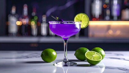 Purple cocktail garnished with lime slice on marble bar