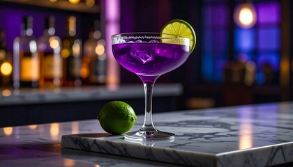Purple cocktail with lime garnish on marble bar