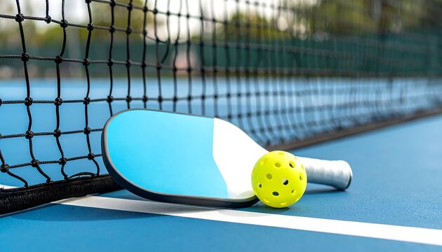 Paddle and ball resting on a court