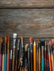 Obraz premium artistic tools including brushes and color pencils arranged neatly on a table in an artist s studio with a clear area in the image for text placement copy space image