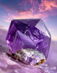Purple crystal cluster, sunset backdrop