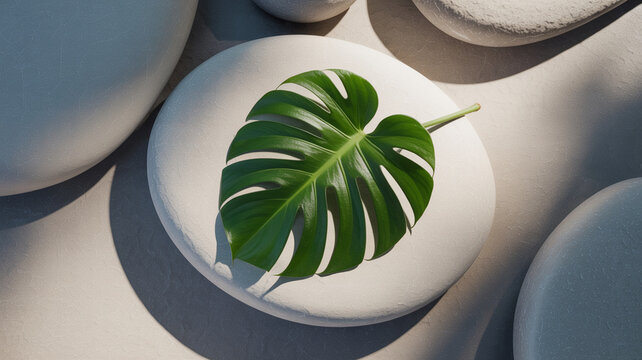 Monstera-Blatt auf hellem Stein, Zen-&Auml;sthetik