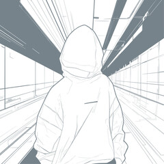 clean vector concept of hoodie in an industrial space with glowing lights