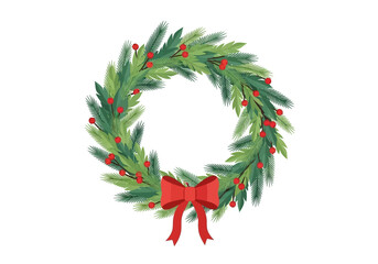 Wreath of varied green foliage  red berries tied at the bottom with a red bow © Nandar