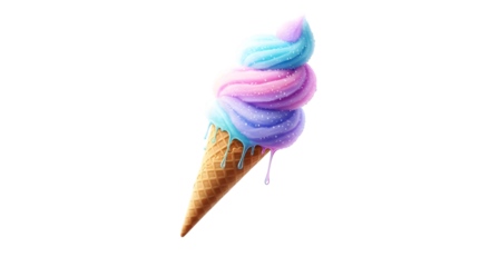 Colorful ice cream cone isolated on transparent background with pastel colors