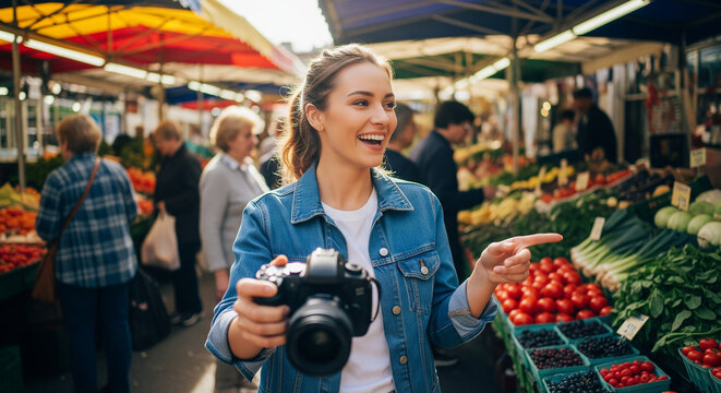 A happy woman vlogs her experience at a vibrant farmers market, capturing the lively atmosphere and fresh produce, perfect for lifestyle and food content