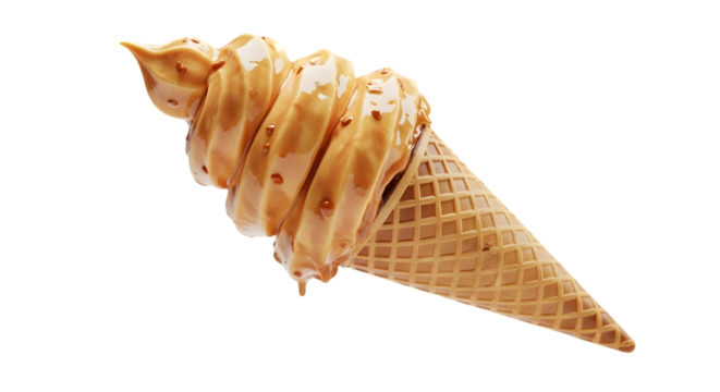Delicious caramel ice cream cone isolated on transparent background for snack time