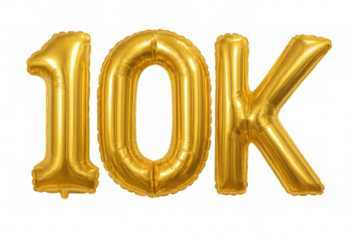 Gold 10k foil balloons celebrating ten thousand followers milestone, success, or achievement