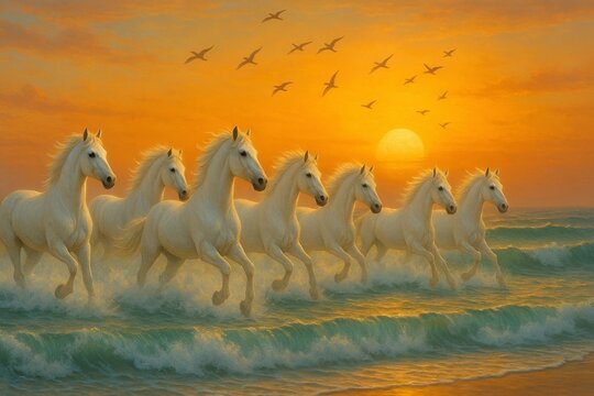 Seven White Horses Running at Sunset Over the Ocean Ai Genreted Photo 