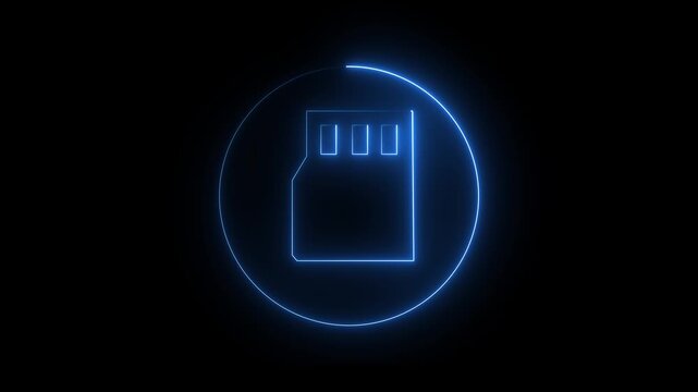 Neon glowing cyan color sd card icon on black background animation. 4k video Sim Card neon sign appear icon center. Animated neon icon. sim card icon representing mobile network ..