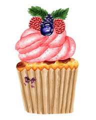 Watercolor Cupcake with Strawberry Cream and Mixed Berry Topping