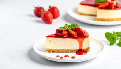 A creamy slice of strawberry cheesecake served on a white plate, topped with fresh red strawberries, mint leaves, and a glossy berry sauce.