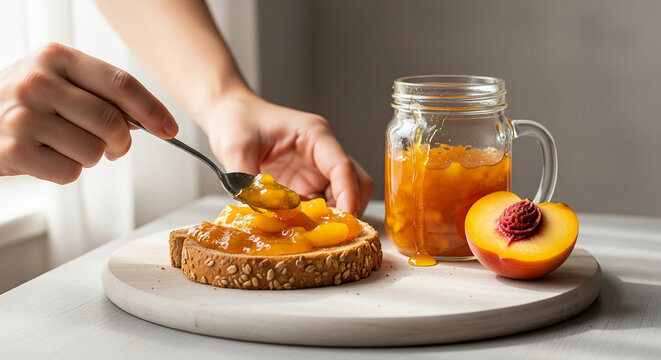 A hand spreads delicious peach jam on a piece of toast for breakfast, a fresh and appetizing image perfect for food blogs, recipes, and morning routines