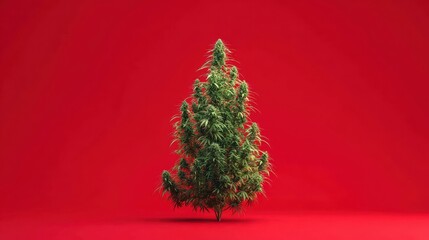 creative display of cannabis arranged as a christmas tree against a vibrant red background alternative medical cbd and marketing winter holidays design concept with copy space