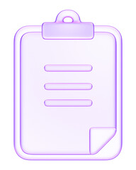 3D glassmorphism clipboard icon in purple gradient. Glossy minimal symbol representing notes, document, or checklist. Ideal for productivity, office, and education UI design