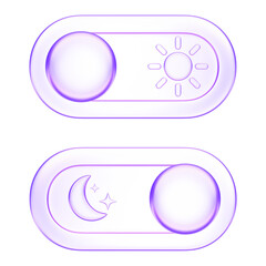 3D glassmorphism toggle switch icon showing day and night modes. Glossy minimal purple gradient design symbolizing dark mode, brightness, or system preference setting