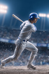 야간 조명 아래 달리는 야구선수