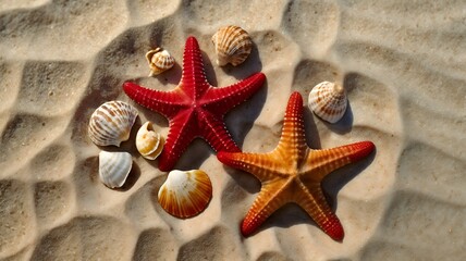Vibrant red and orange starfish with assorted natural seashells rest elegantly on textured golden beach sand, evoking summer vacations and ocean beauty
