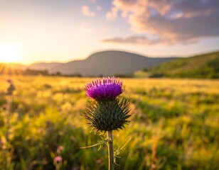 Purple thistle in golden field at sunset (1)