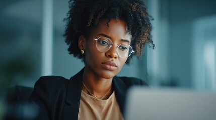 young serious concerned african american businesswoman sitting at desk looking laptop computer in contemporary corporation office business technologies concept vertical portrait no logos no brands ar