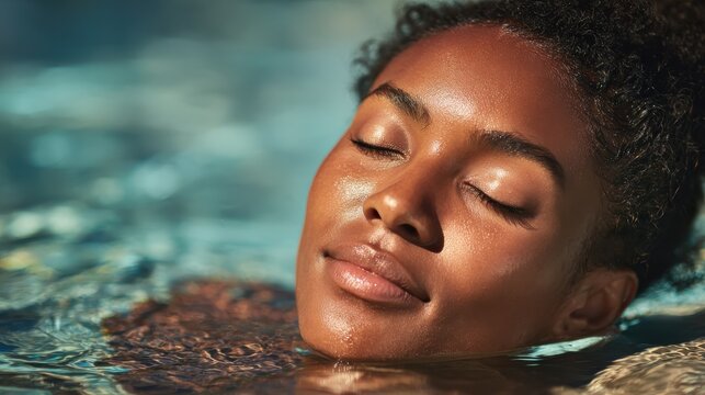 young black woman relaxing at spa pool beautiful woman relaxing in outdoor spa swimming pool with head leaning at poolside closeup face of attractive girl with closed eyes enjoy vacation at resort no