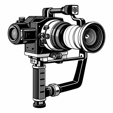 Illustration of a professional video camera with a large lens and stabilizer system in black and white