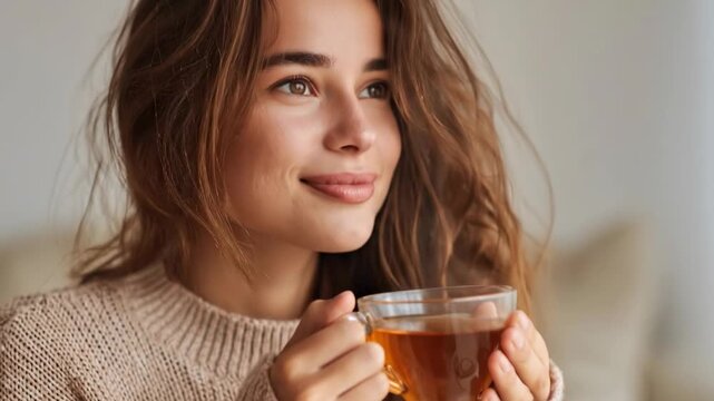 A young woman with flowing brown hair in a cozy, textured knitted sweater gently sips a warm amber beverage from a clear glass cup, looking thoughtfully into the distance. The soft, natural light illu