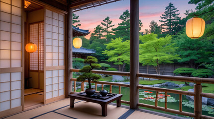 Harmonious Japanese balcony environment with tatami underfoot shoji door staging and lively tree‑filled zen garden at dusk interior design wallpaper background