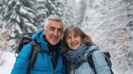 Obraz premium portrait of senior couple hikers standing in snowcovered winter nature no logos no brands ar 169