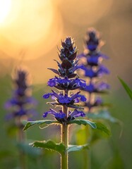 Purple wildflowers bathed in golden sunlight