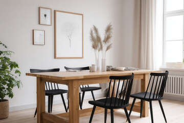 Fototapeta premium Dreamy Scandinavian dining room with wooden table, black chairs, and minimalist wall art creates a serene space for gathering