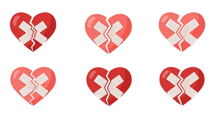 Vector collection of mended broken hearts, each patched with an adhesive bandage, representing emotional healing, recovery from pain, and enduring love after a setback