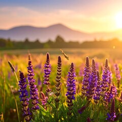 Purple wildflowers in a field at sunset
