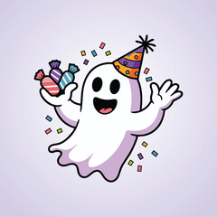 Cute ghost wearing party hat and holding candy,
minimal flat vector design
