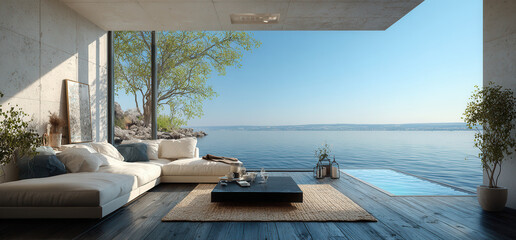 Fototapeta premium Dreamy coastal living room offers breathtaking ocean views during bright daytime
